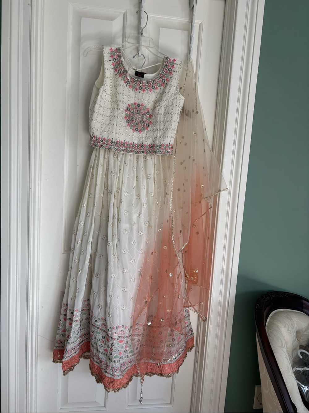 Women White and Peach Embroidered Party Dress with Dupatta large wedding Lehenga